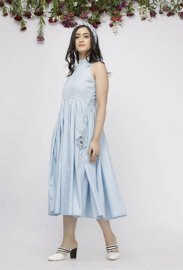 Blue Plain Cotton Tasseled Anarkali